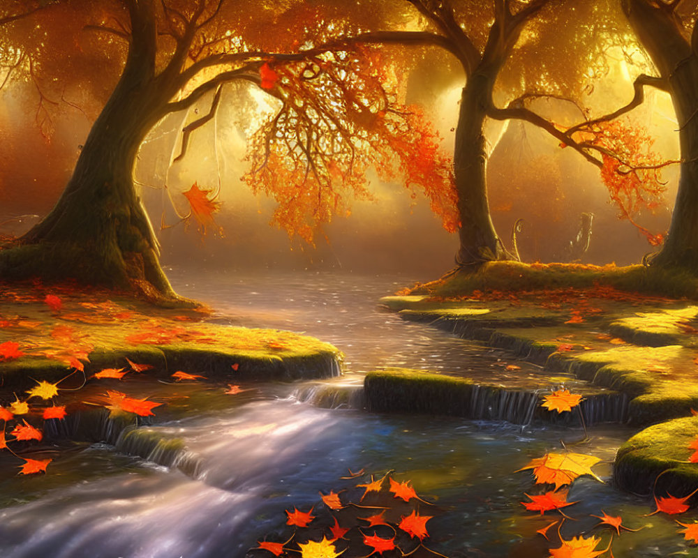 Enchanted autumn scene with golden foliage, serene stream, moss-covered rocks, fallen leaves