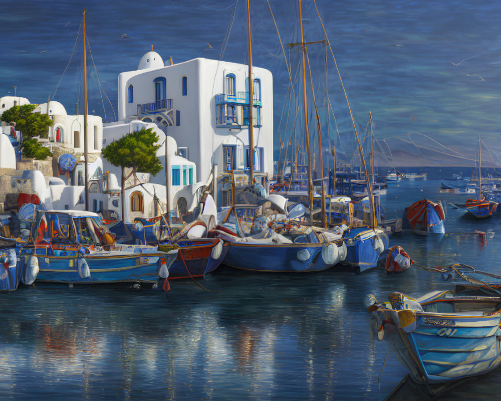 Tranquil harbor scene with colorful boats and white buildings reflected in serene blue sea