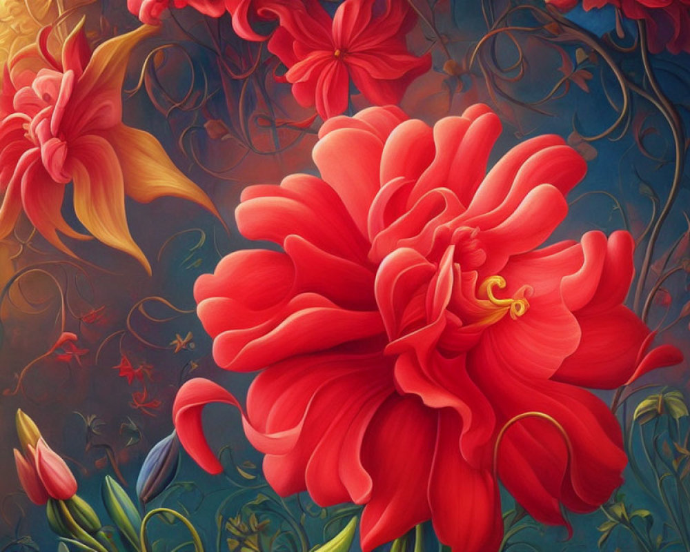 Colorful Painting of Large Red Flower Surrounded by Blooms on Blue Background