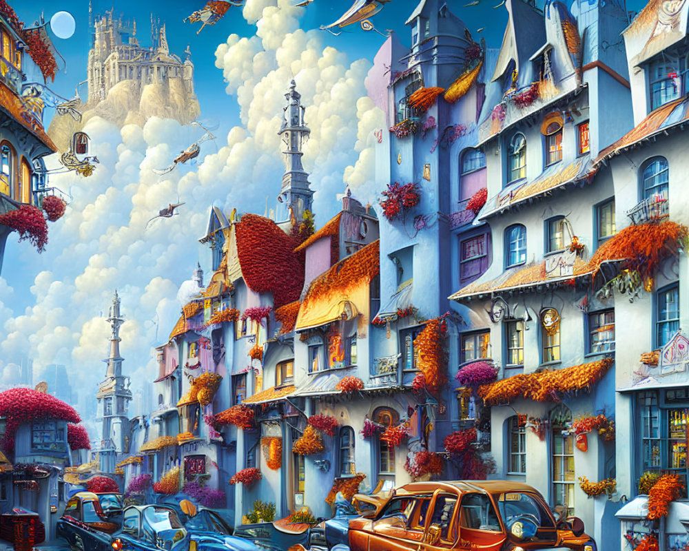 Detailed whimsical townscape with pastel buildings, flying books, birds, vintage car, and lush