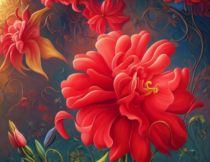 Colorful Painting of Large Red Flower Surrounded by Blooms on Blue Background