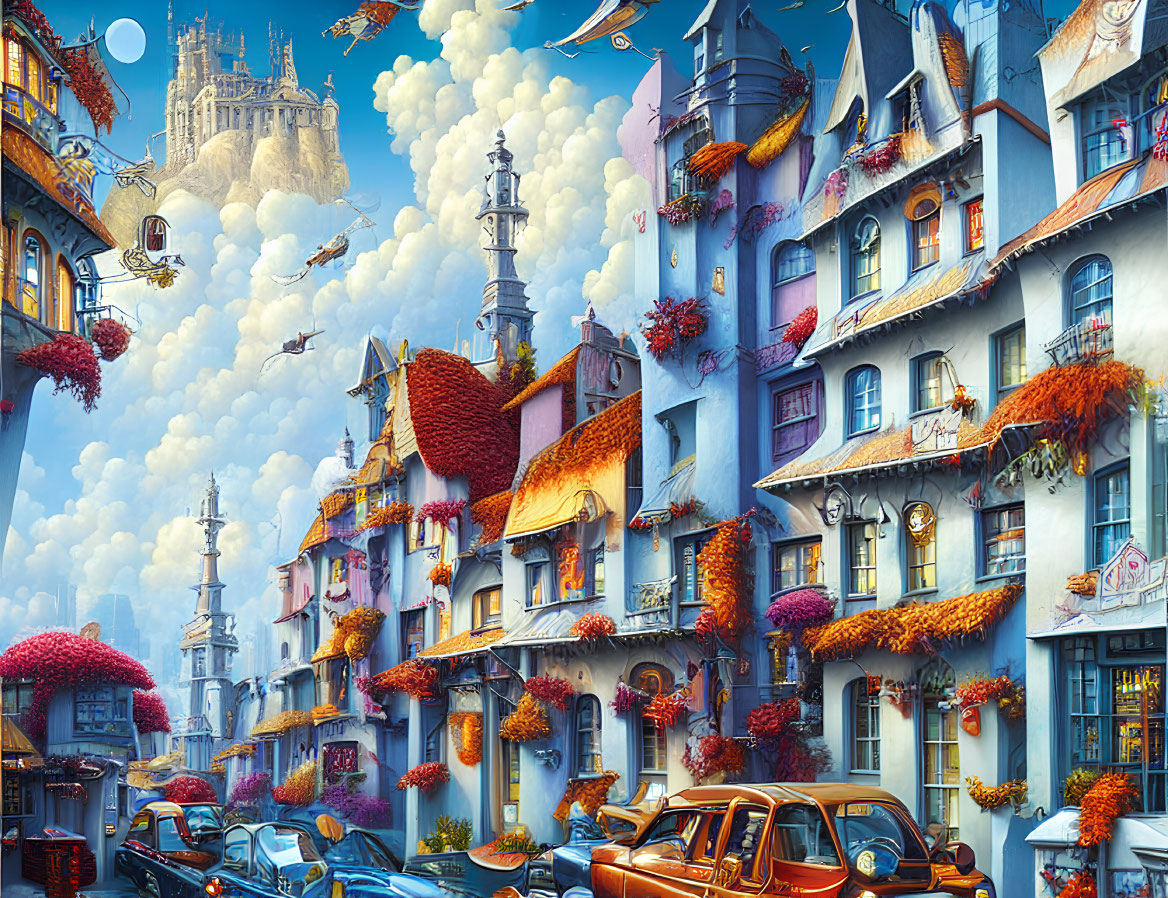 Detailed whimsical townscape with pastel buildings, flying books, birds, vintage car, and lush