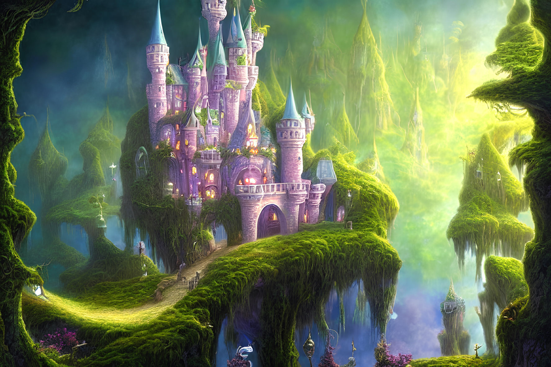 Enchanting castle in lush greenery and mystical fog