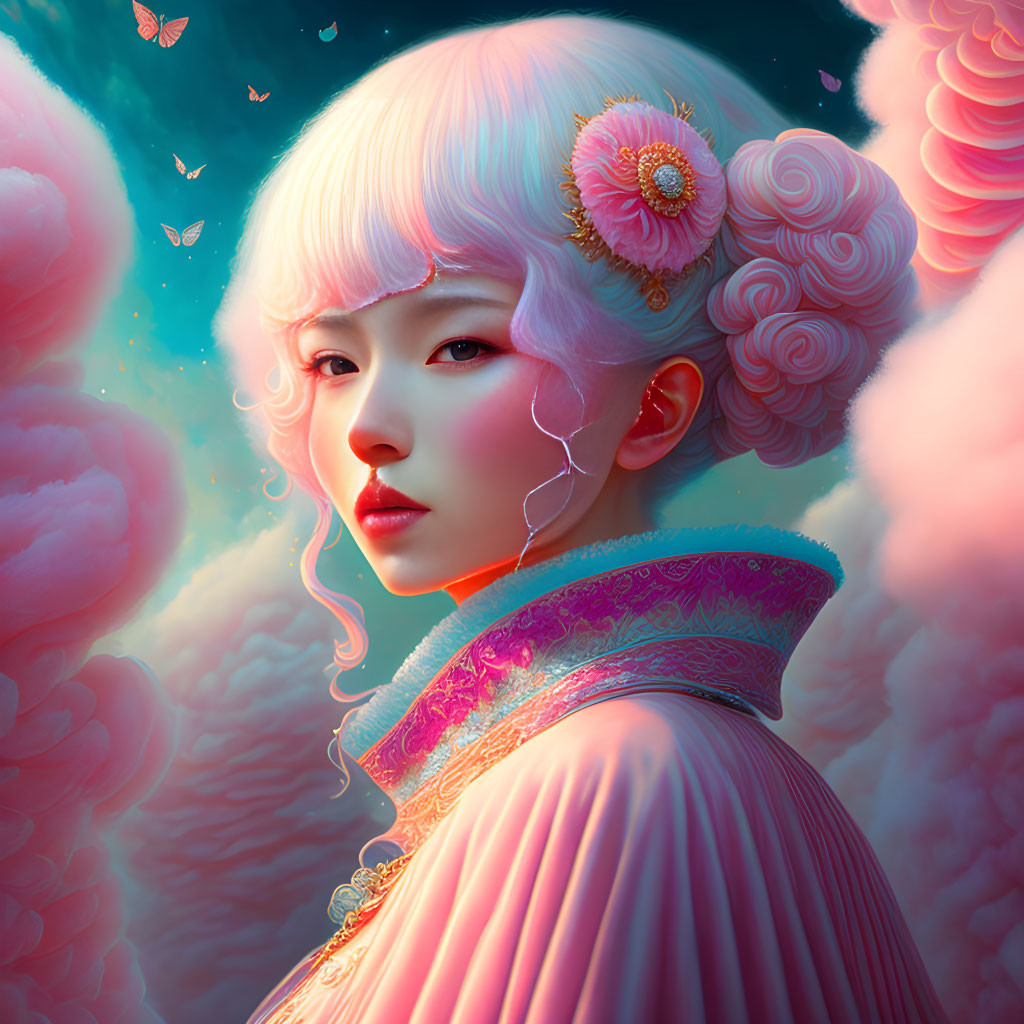 Pale-haired woman in traditional attire with pink flower and butterflies against ethereal backdrop