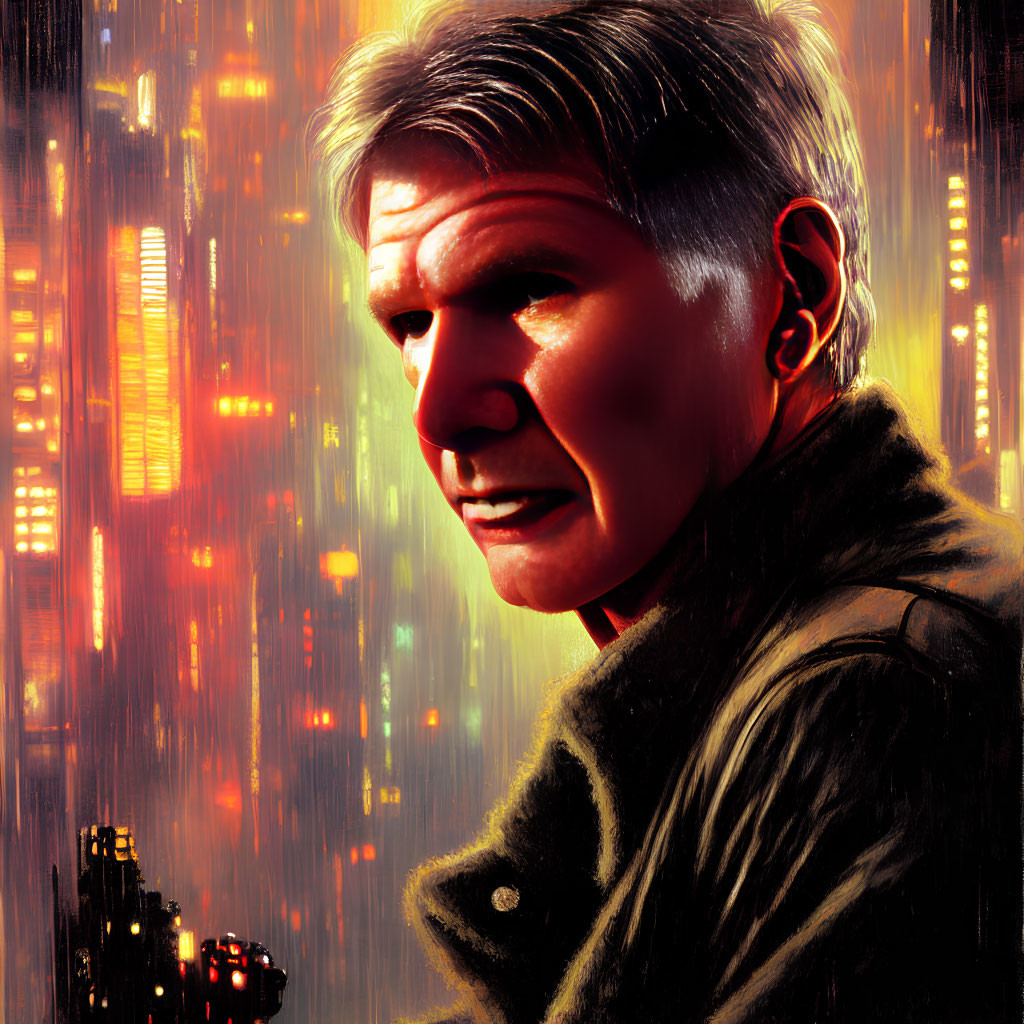 Stylized portrait of a man with graying hair in futuristic cityscape