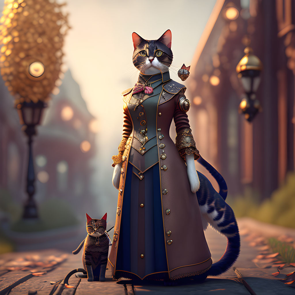 Regal anthropomorphic cat in uniform with medals beside smaller cat on cobbled street.