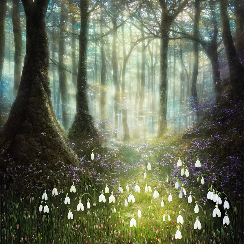 Sunlit mystical forest with glowing plants and carpet of flowers