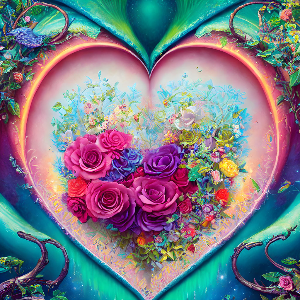 Colorful Heart-Shaped Artwork with Pink and Purple Roses