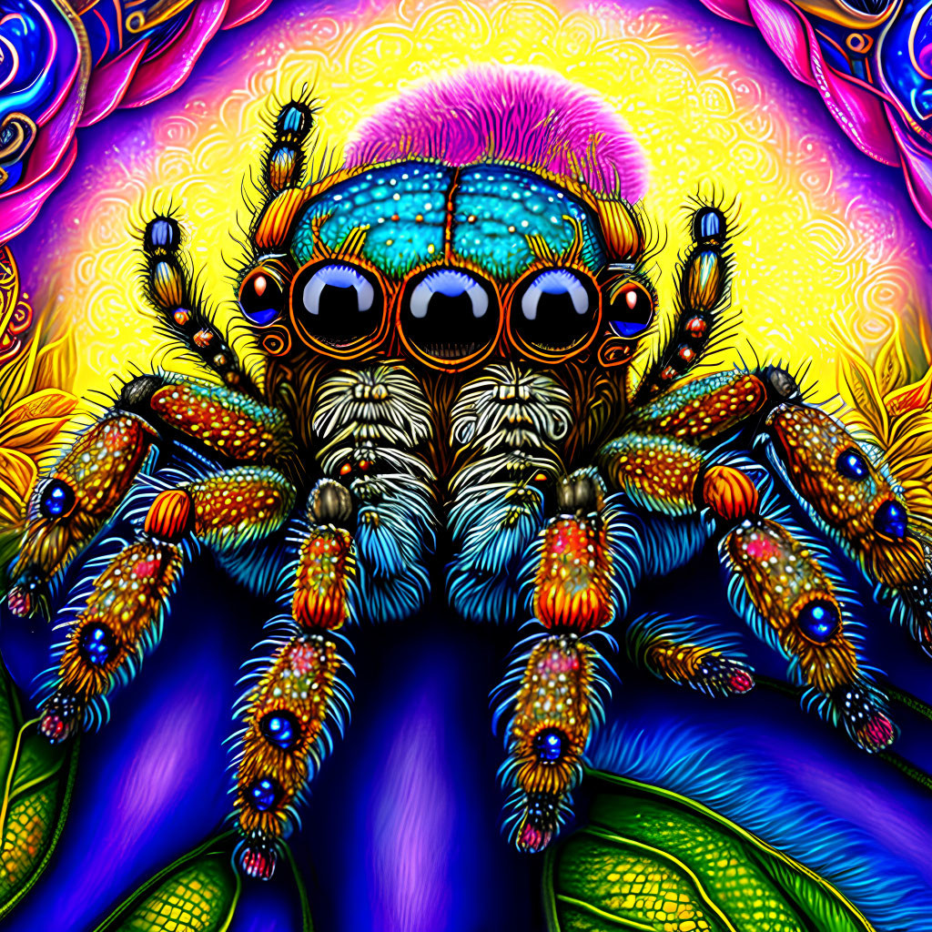 Colorful digital artwork: stylized spider with intricate patterns