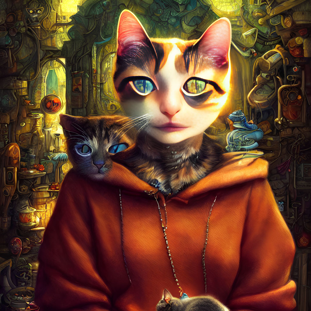 Hooded figure with cat face in intricate artwork holding a small cat