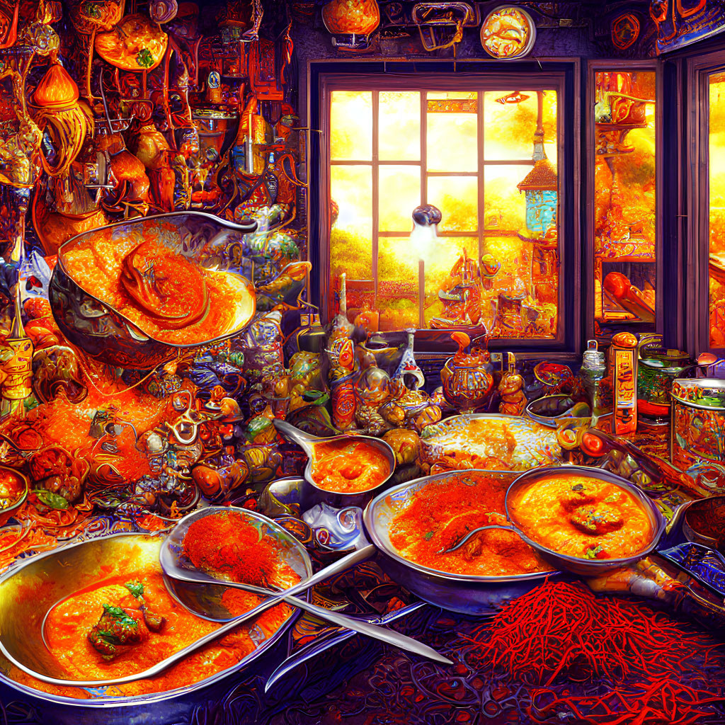 Detailed Kitchen Scene with Cooking Pots, Ingredients, and Utensils in Warm Light