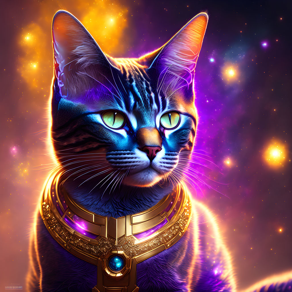 Majestic cat in golden armor against cosmic backdrop
