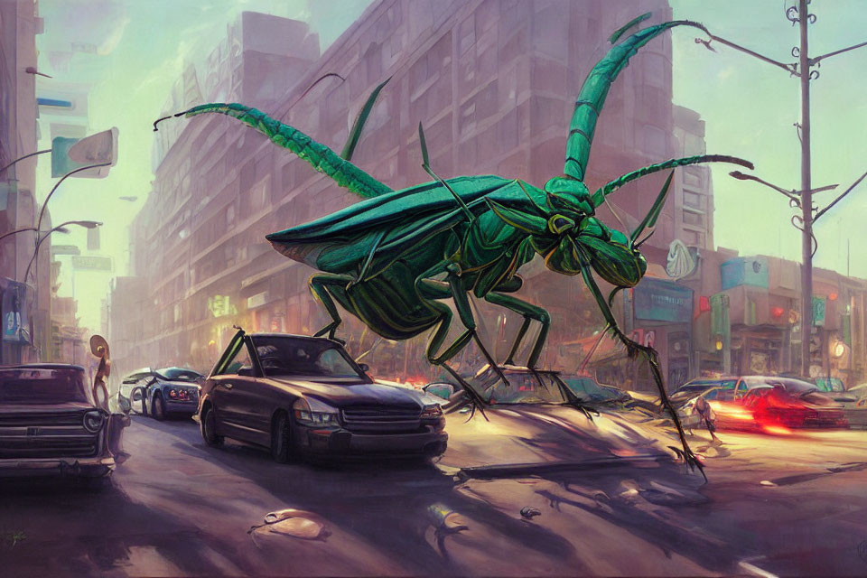 Enormous green grasshopper disrupts city traffic