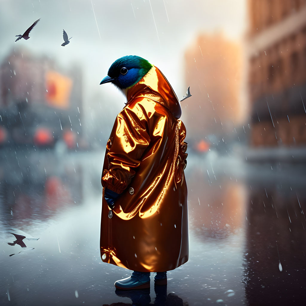 Surreal bird-human hybrid in gold coat on rainy city street