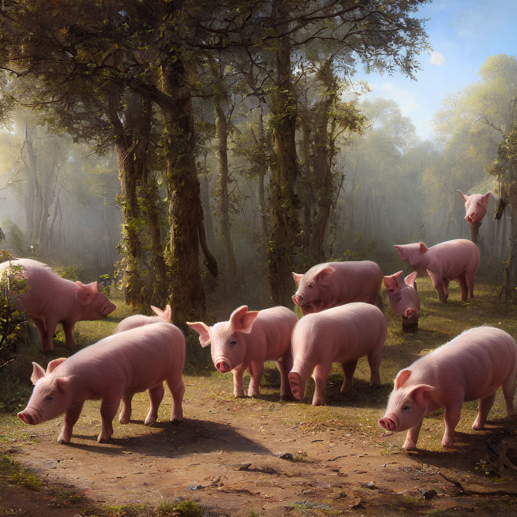 Pink pigs in sunlit forest clearing with tall trees