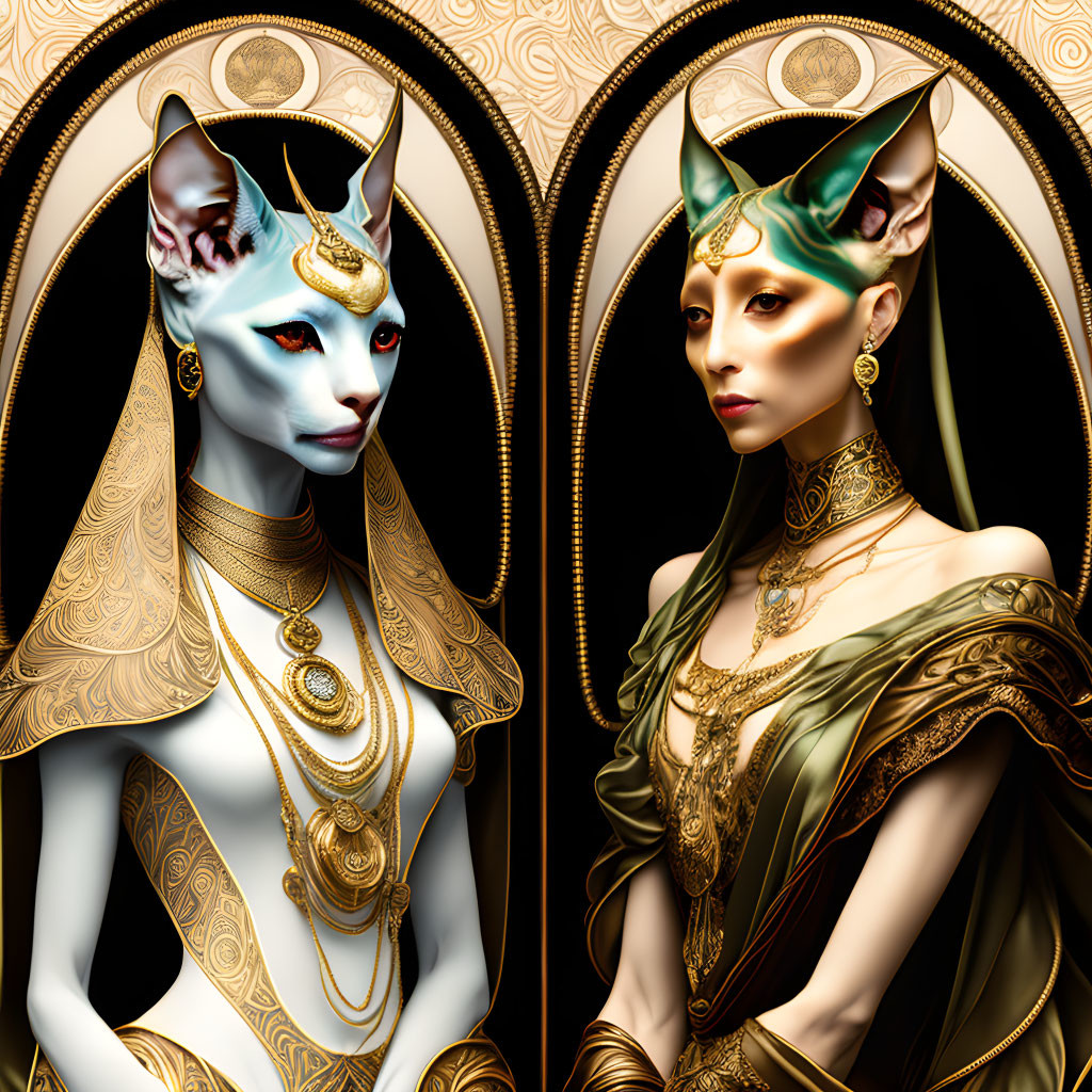 Anthropomorphic feline figures in regal Egyptian attire with intricate jewelry