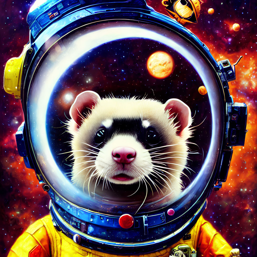 Stylized Ferret Astronaut in Helmet Amid Vibrant Cosmos