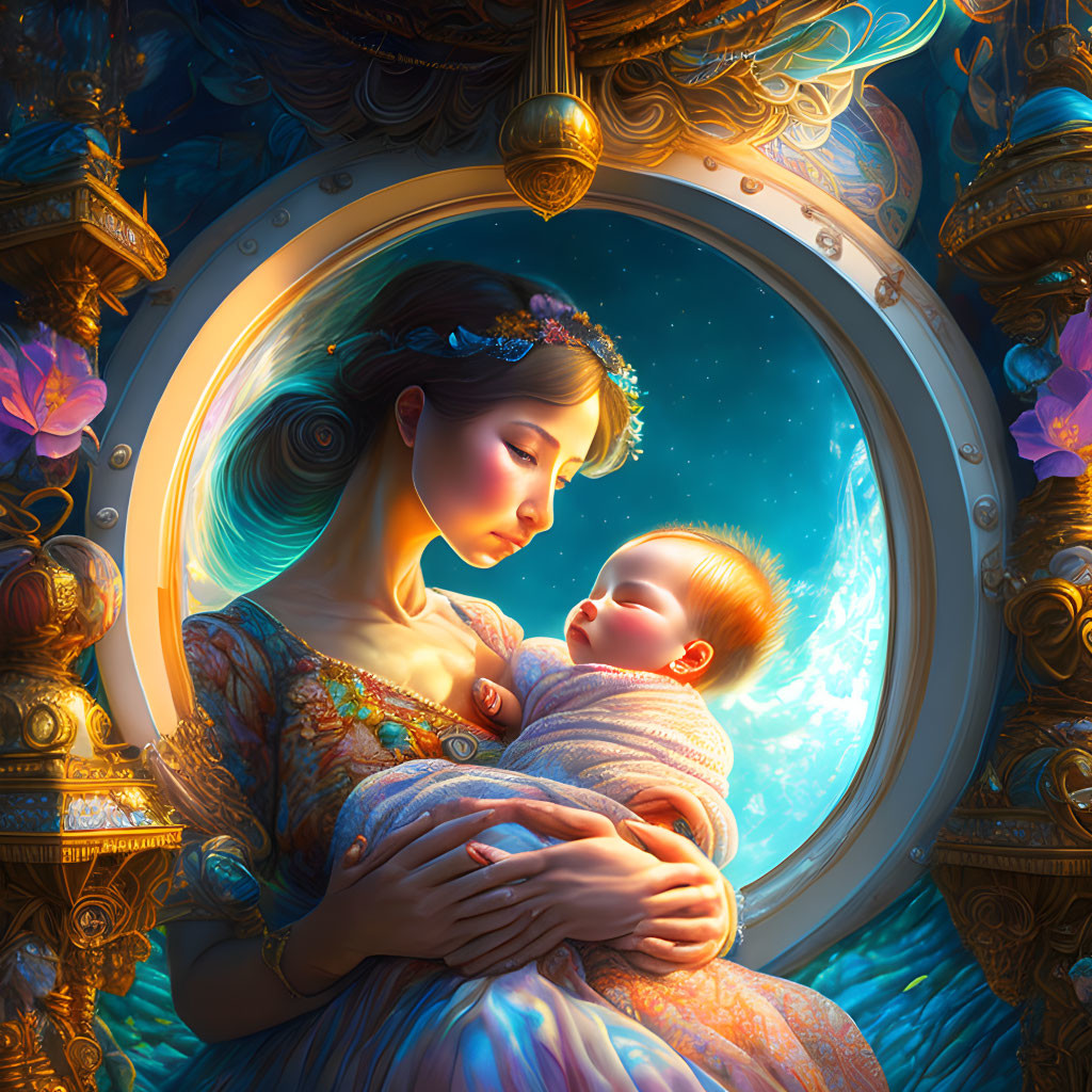 Woman cradling baby in cosmic setting with ornate architecture.