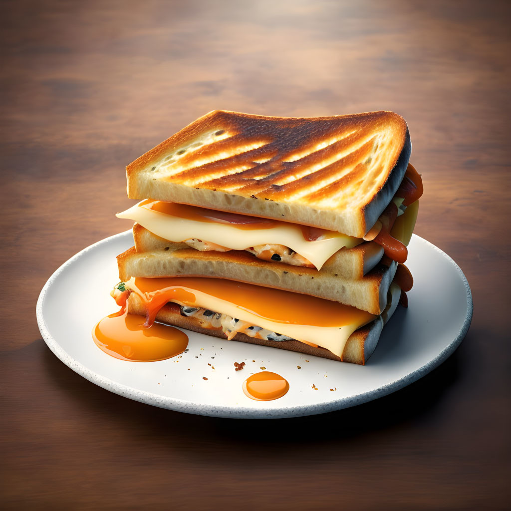 Cheese and Bacon Grilled Sandwich on White Plate