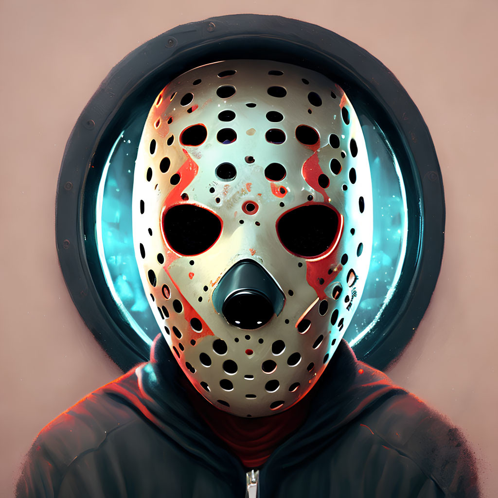 Hockey mask with blood splatter on person in hazy background
