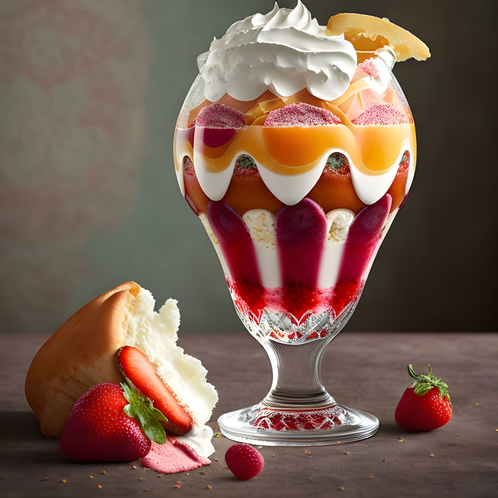 Layered Dessert: Whipped Cream, Strawberries & Sponge Cake