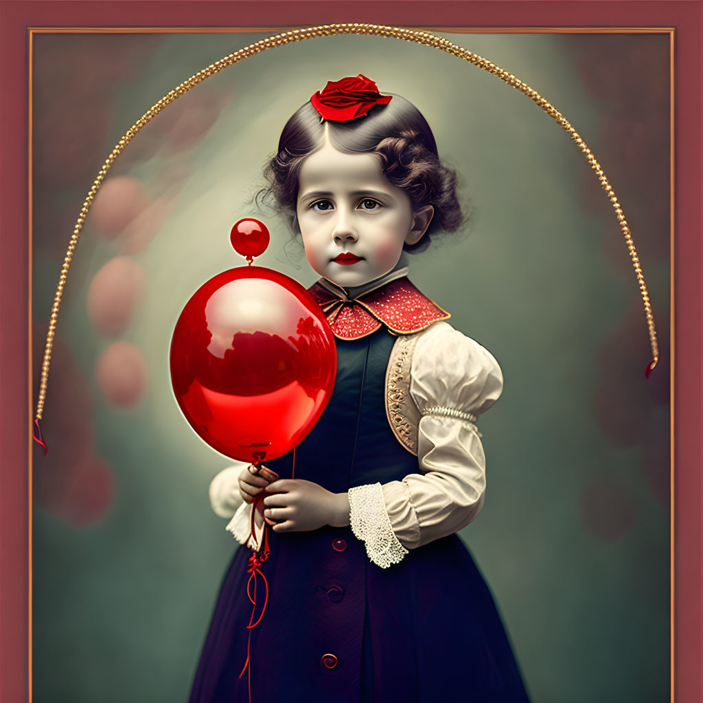 Vintage-style portrait of young girl with red flower and balloon in ornate frame