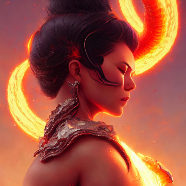 Fantasy-style portrait of a woman with glowing ring halo and elegant armor.