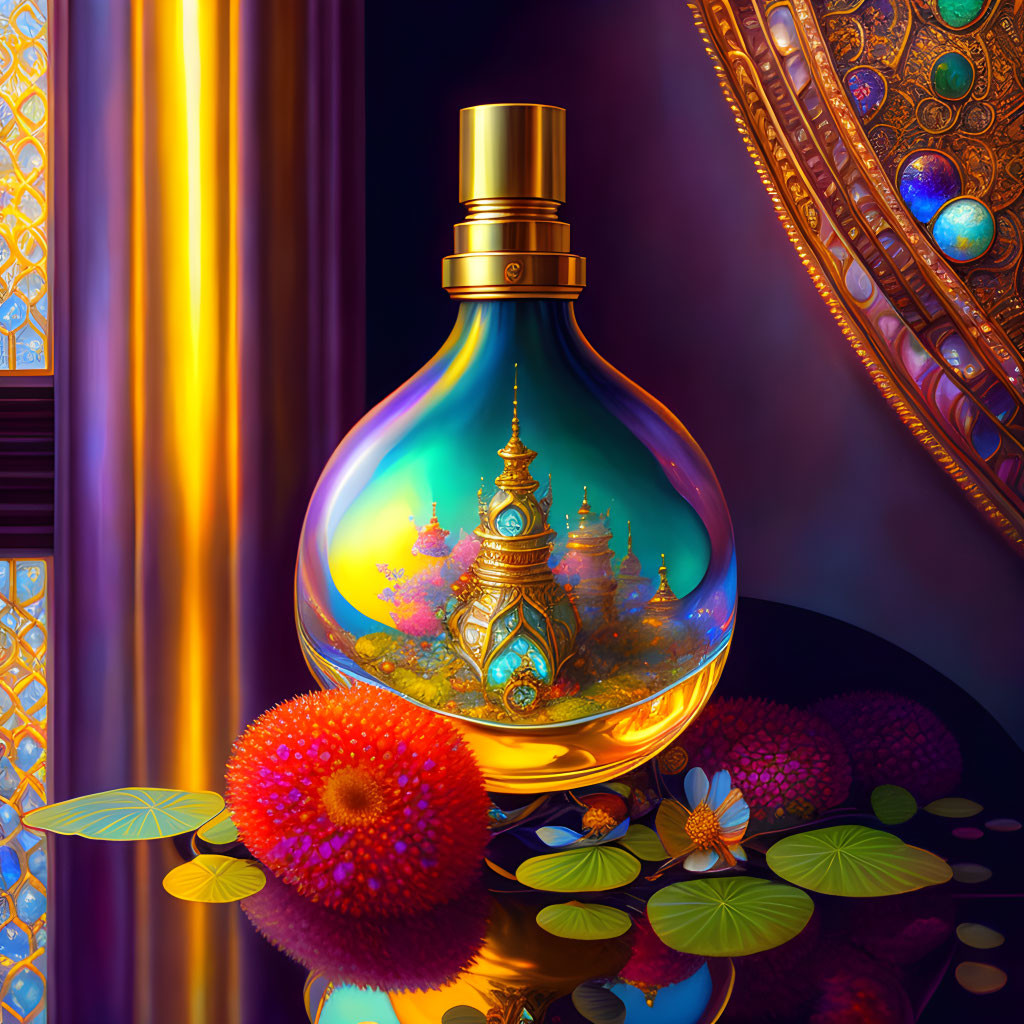 Colorful Perfume Bottle Illustration with Cityscape and Exotic Fruits