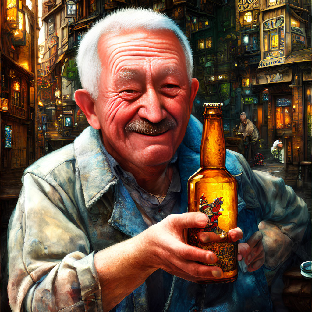 Elderly man with white beard holding illustrated beer bottle in vibrant street scene