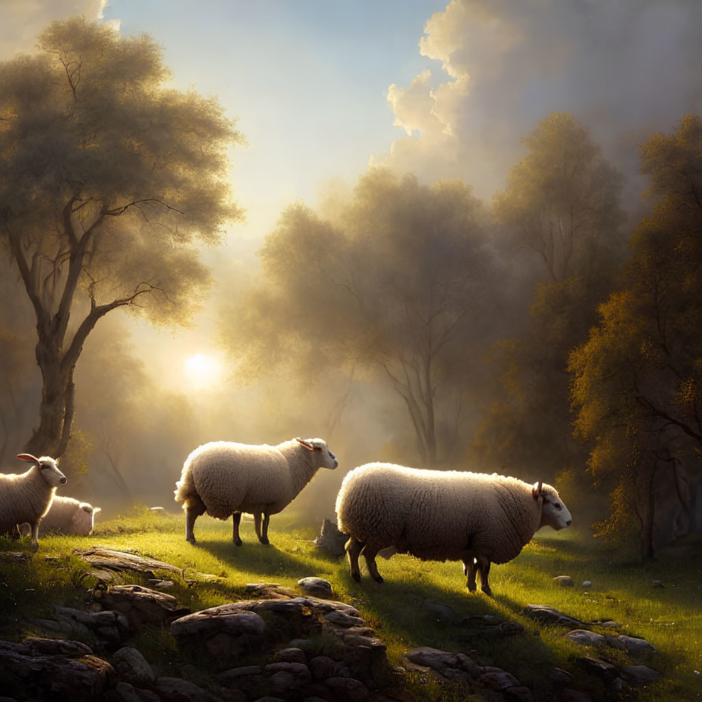 Tranquil sheep grazing in misty sunlit meadow