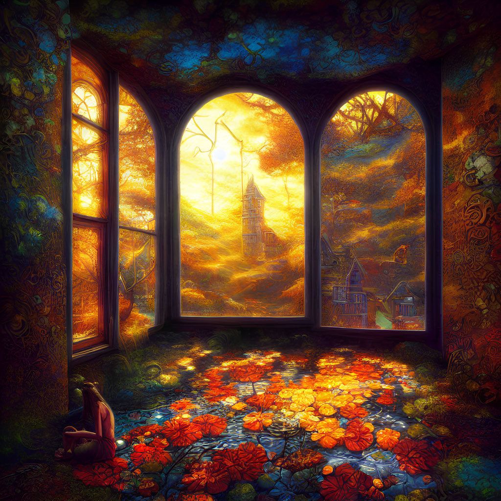 Person sitting by vibrant flower-covered floor gazes at fantastical autumnal landscape