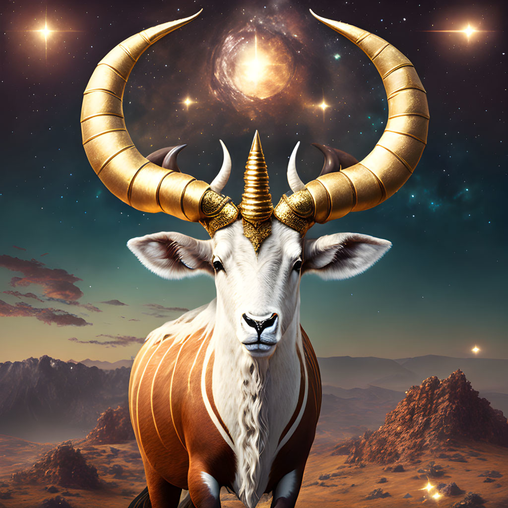 Majestic white bull with golden horns under cosmic sky