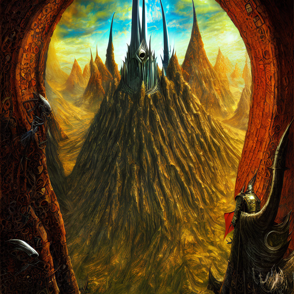 Fantastical landscape with central spire and jagged mountains under orange sky