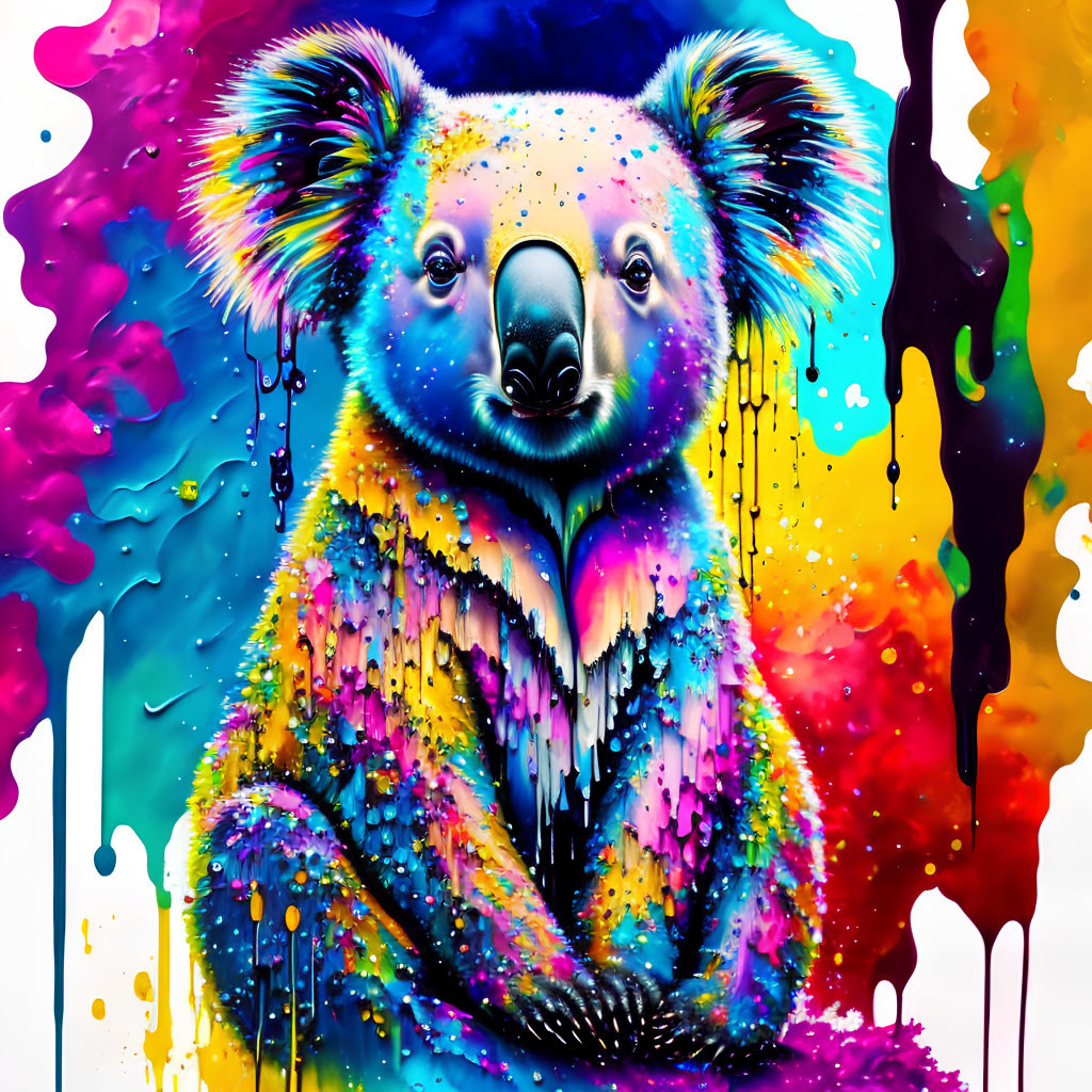 Colorful Koala Artwork with Dripping Paint on Fur and Splatter Background