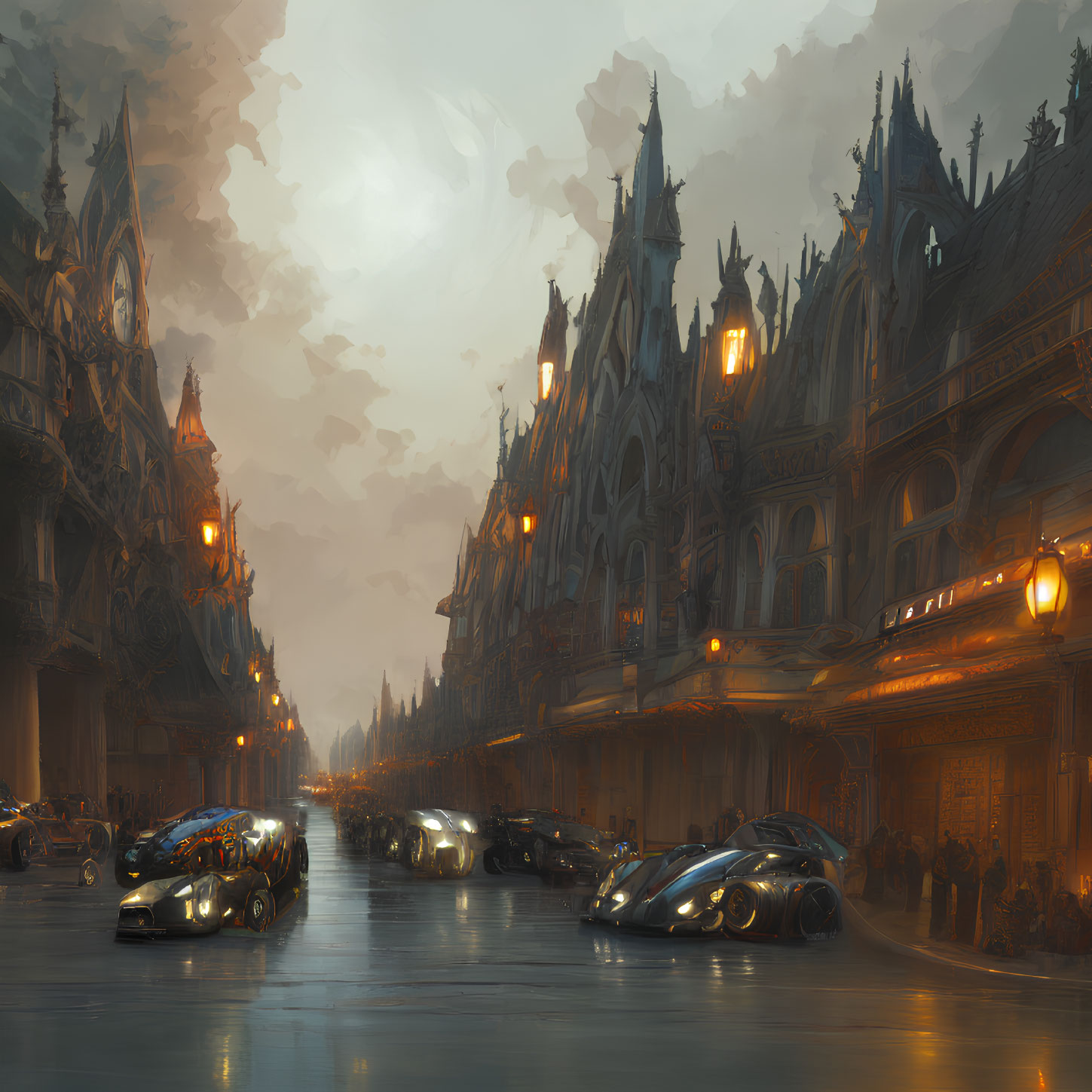 Futuristic city street at dusk with classic architecture and advanced vehicles