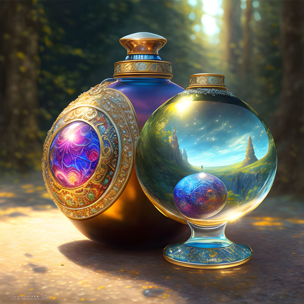 Intricate glowing potion bottles in forest clearing