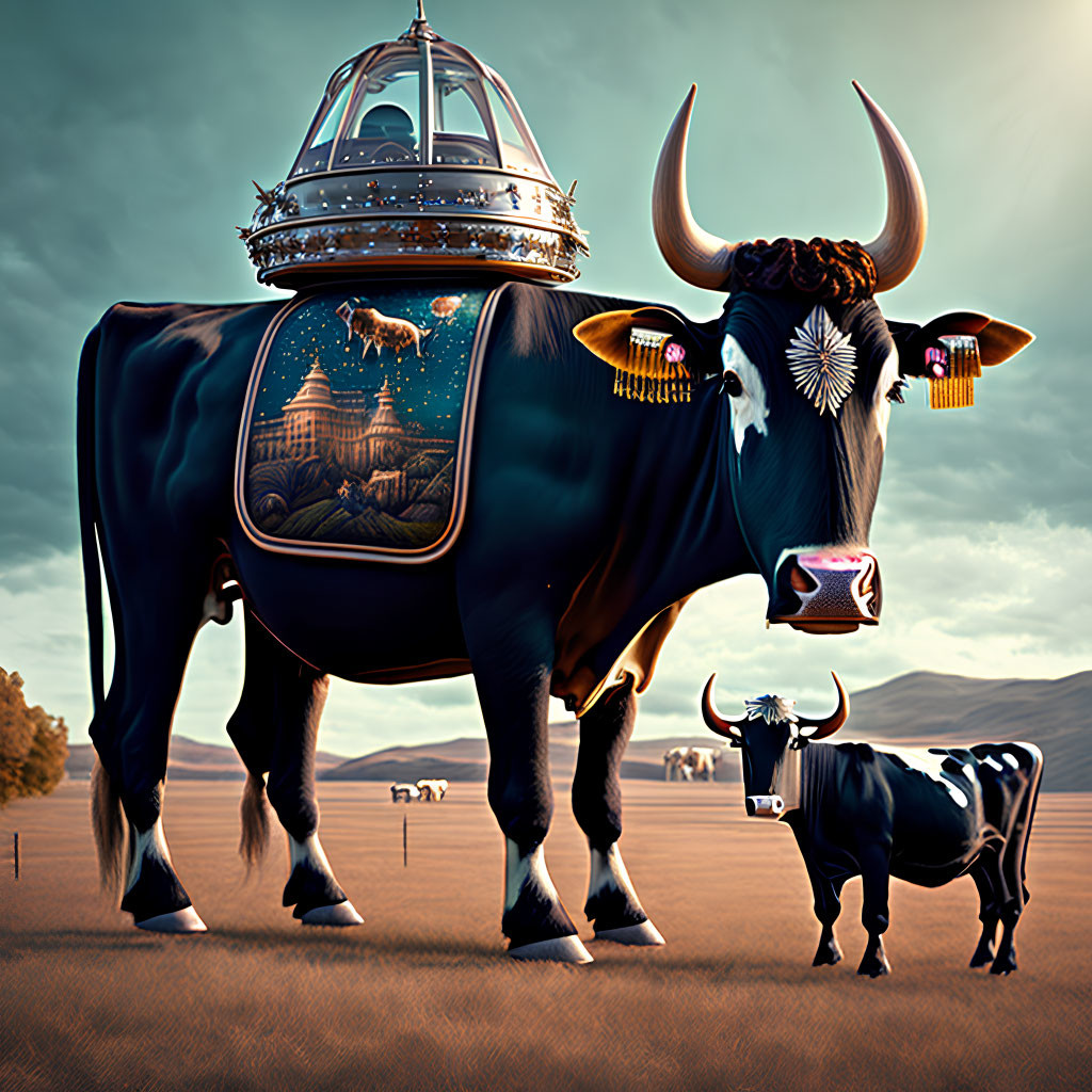 Surreal image: Dark blue cow with transparent body revealing castle interior, smaller cow, golden horns