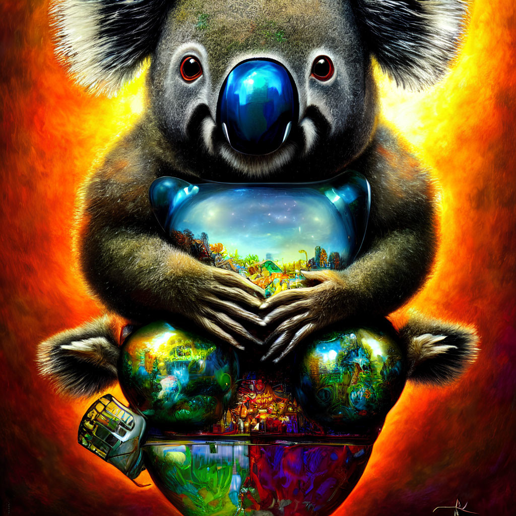 Colorful Koala Artwork with Exaggerated Nose and Reflective Sphere Showing Landscape