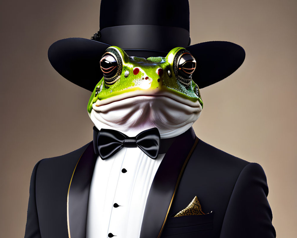 Digitally created frog with human eyes in tuxedo and top hat on beige background