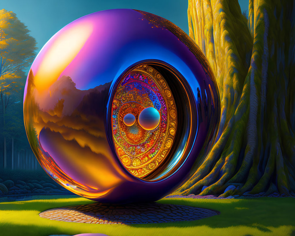 Colorful Forest Landscape with Reflective Orb and Intricate Patterns