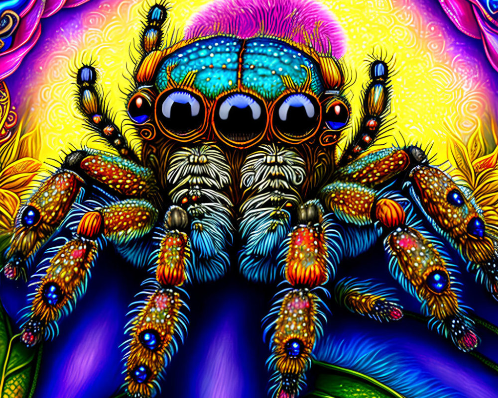 Colorful digital artwork: stylized spider with intricate patterns