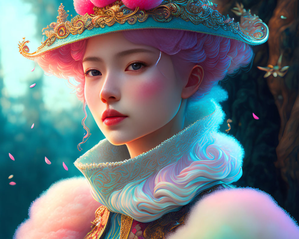 Woman in ornate hat and pastel hair in mystical forest portrait
