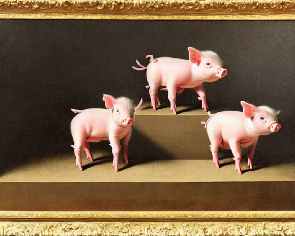 Framed painting of three pink pigs in ornate golden frame