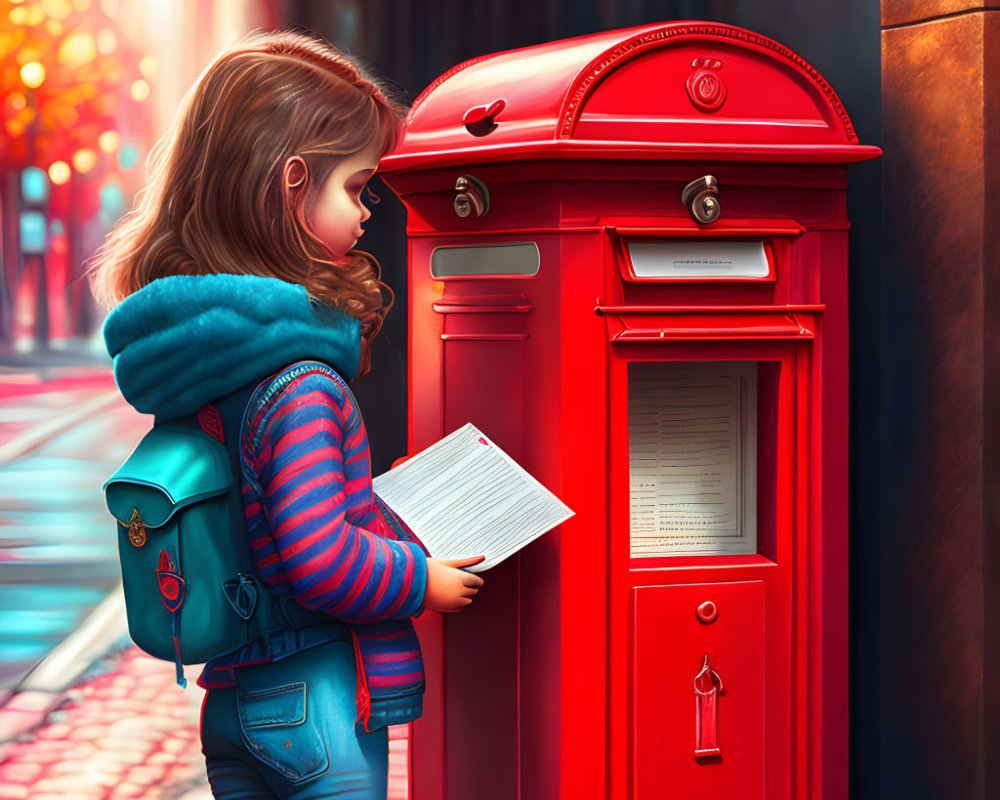 Young girl in blue jacket reading letter by red postbox on sunlit autumn street