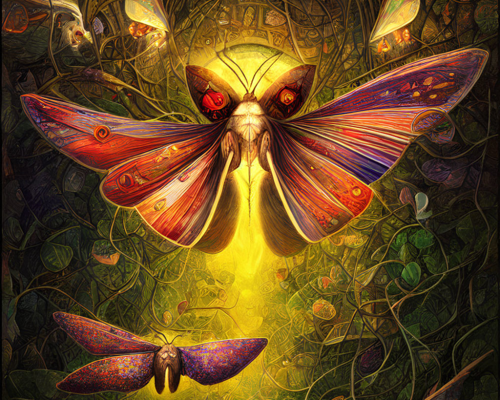 Colorful digital artwork: Oversized butterfly with intricate wings in mystical setting