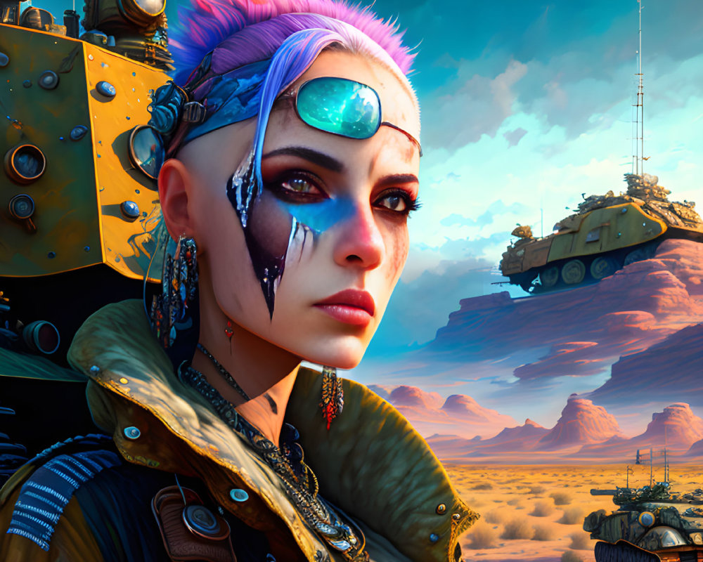 Cybernetic eye woman with pink hair in desert with military tanks