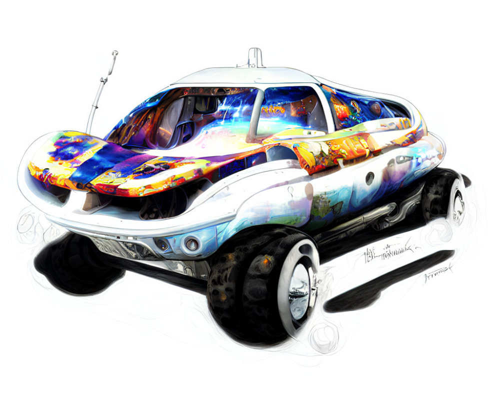 Multicolored futuristic vehicle with large windows and robust wheels