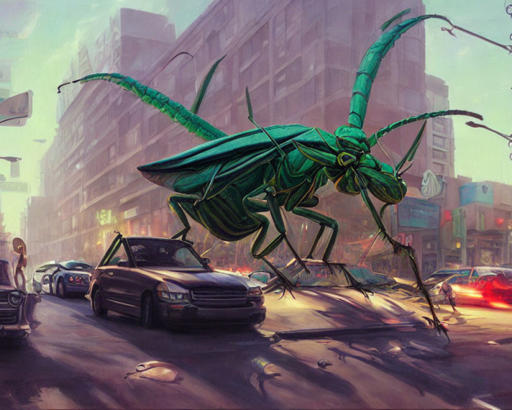 Enormous green grasshopper disrupts city traffic
