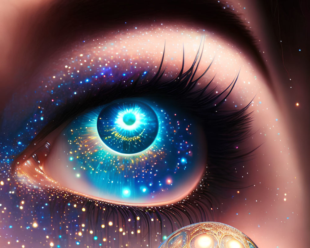 Detailed digital artwork of blue starry eye with cosmic patterns