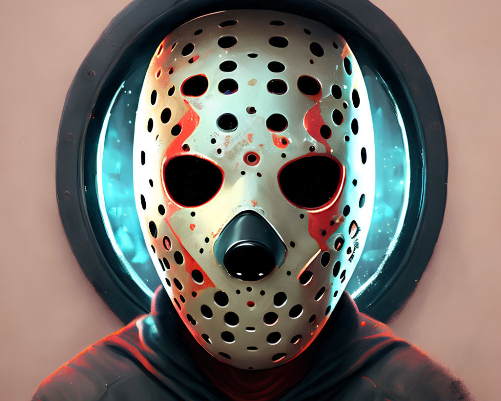 Hockey mask with blood splatter on person in hazy background